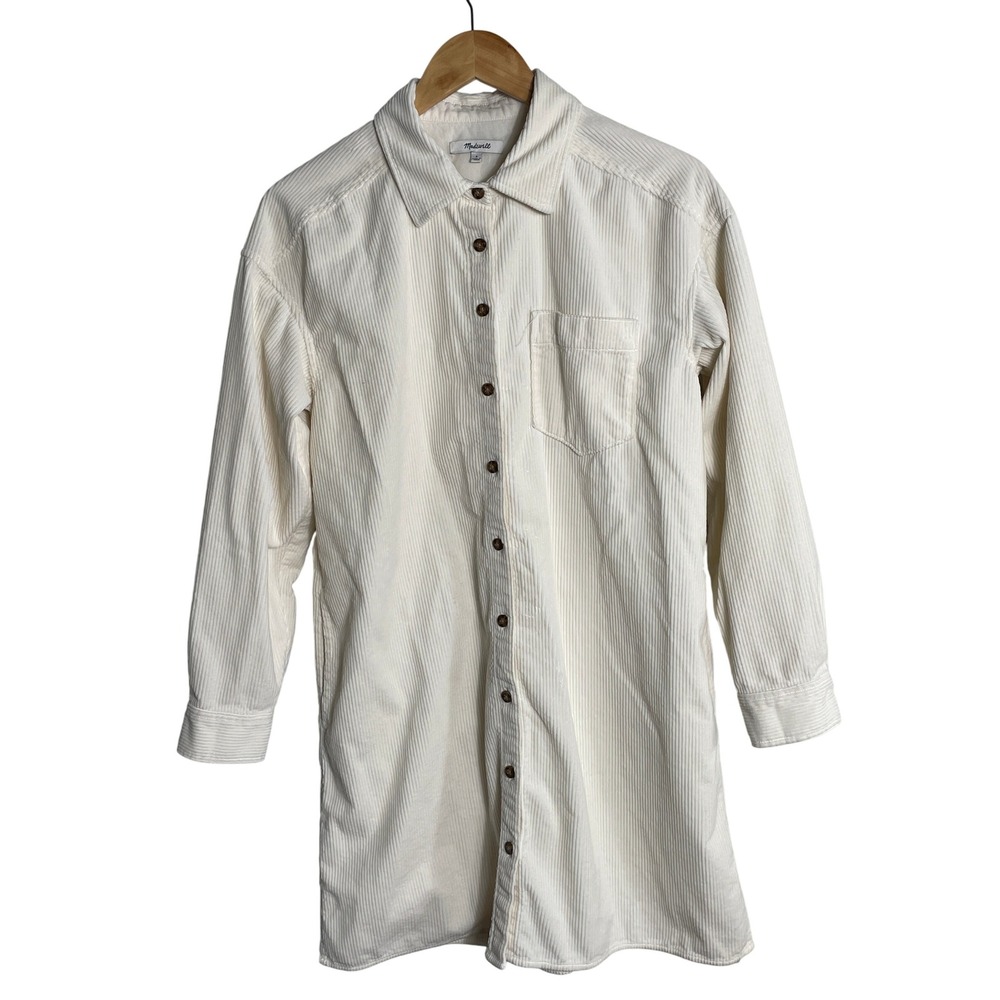Madewell Womens Cream 🤍 Corduroy Button Up Shirt Dress Ribbed Long Sleeve Small